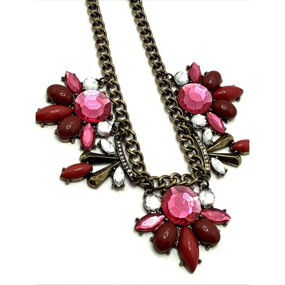 J. Crew Pink Red Floral Bib Necklace Antiqued Brass Tone Statement 18" to 21"